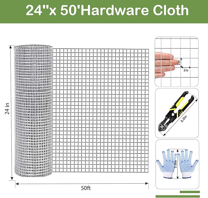Tongmo 24" x 50' Hardware Cloth, 1inch Mesh Galvanized Chicken Wire Fence, 19 Gauge Welded Wire Roll,Garden Fence, Poultry Netting for Rabbit/Duck/Chicken Coop