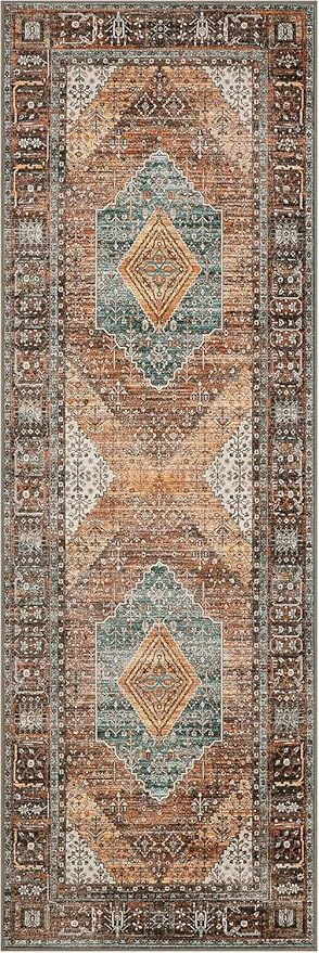 GENIMO 2x6 Runner Rugs for Hallway, Machine Washable Non Slip Vintage Rugs, Low Pile Lightweight Soft Print Rug for enrtyway, Corridor, Home Office, Kitchen, Vintage Brown/Blue