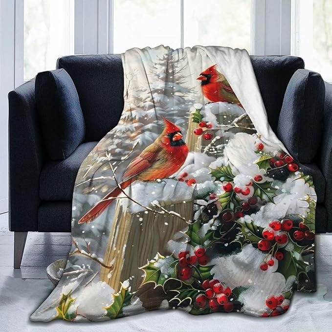 Dynova Christmas Bird Blanket Cozy Plush Red Birds Lovers Throw Blankets Fuzzy Flannel Fleece Winter Gifts for Girls Boys Women Men 80"X60"