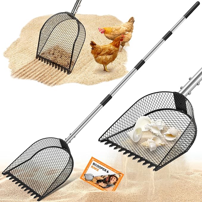 Metal Chicken Poop Scooper and Rake 2-in-1, Poop Chicken Scoop Sand with Stainless Steel Handle (43-73" Adjustable), Sifter Shovel Chicken Coop Sand Rake for Chicken Coops & Farm Animals