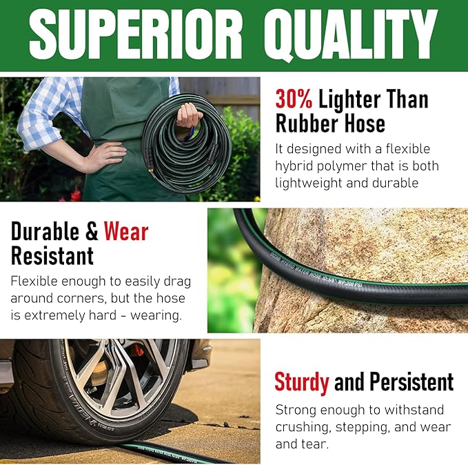 Garden Hose 25 ft with 10 Function Nozzle Sprayer, Heavy Duty Flexible Water Hose, No-Kink Lightweight Hybrid Hose, Leakproof Hose Male to Female Fittings