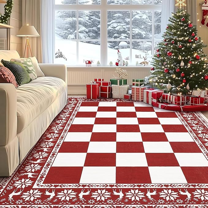 GarveeHome Red 8x10 Area Rugs for Living Room, Washable Rug for Christmas Decor, Indoor Non Slip Carpet, Checkered Soft Low Pile Christmas Rug for Bedroom, Dining Room