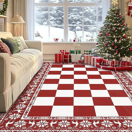 GarveeHome Red Area Rugs 9x12 Living Room, Washable Rug for Christmas Decor, Indoor Non Slip Carpet, Checkered Soft Low Pile Christmas Rug for Bedroom, Dining Room