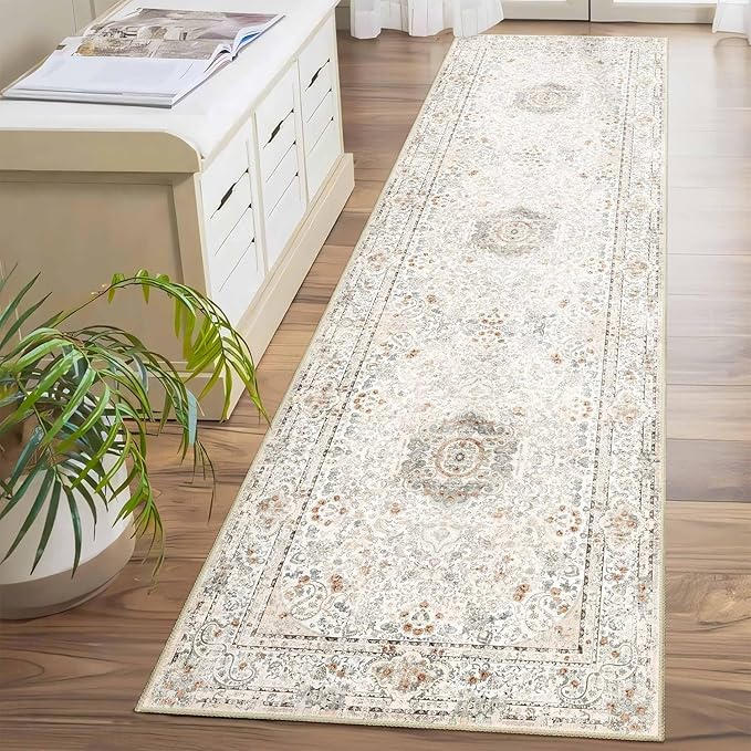 Washable Runner Rug 2x8,Boho Rug Runners Non Slip,Long Rugs for Hallways Kitchen Bedroom Entryway Living Room Bathroom,Vintage Bohemian Distressed Floor Carpet,Beige