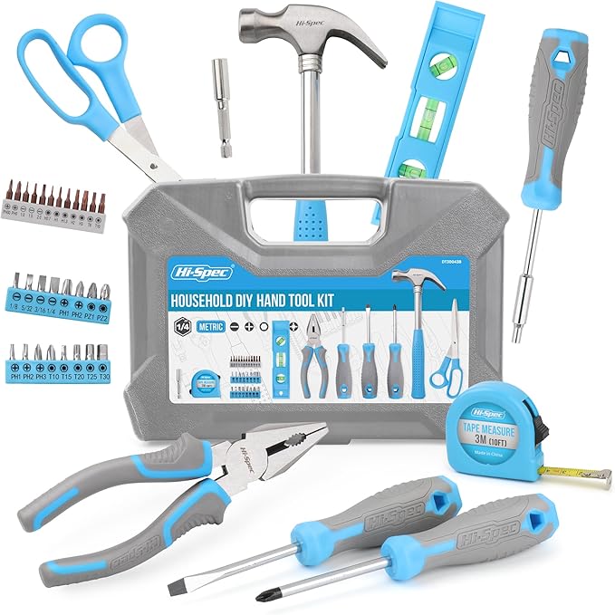 Hi-Spec 38pc Blue Household DIY Tool Set. Home, Office and College Dorm Small Toolkit Box of Starter Basic Tools