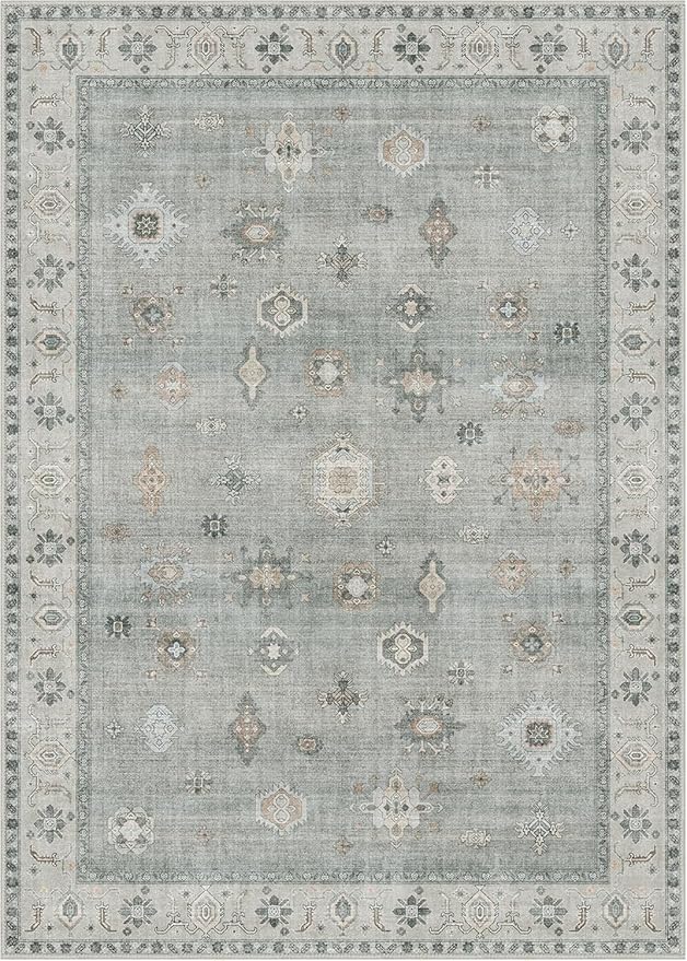 GENIMO 5X7 Area Rugs for Living Room, Machine Washable Non Slip Vintage Rugs, Low Pile Lightweight Chenille Print Rug for Bedroom, Dining Room, Home Office, Bluish Gray