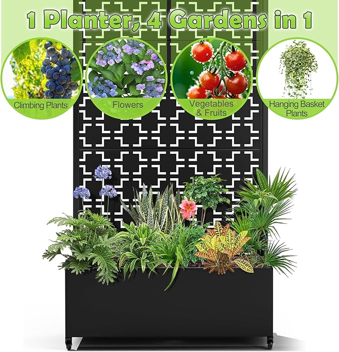 15.7"×70.9"×35.4" Metal Raised Garden Bed with Trellis and Wheels - Tall Trellis Planter Box for Climbing Plants, Vegetables & Vines - Outdoor Privacy Planters for Patio (Black-Square)