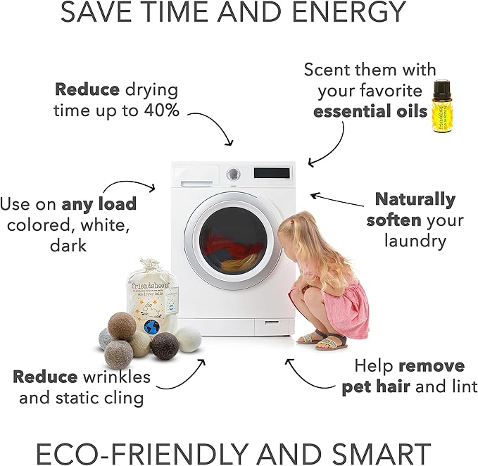 Friendsheep Wool Dryer Balls, Organic Reusable Fabric Softener Alternative for Laundry, Handmade, Fair Trade, Hypoallergenic, Eco-Friendly, Plastic-Free (6 Pack XL - Natural Mystic)