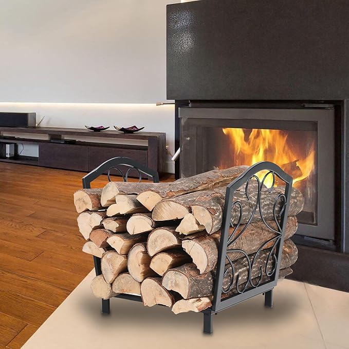 GREEN PARTY 17 Inch Small Firewood Rack Indoor/Outdoor Metal Firewood Holder, Decorative Fire Log Holder for Fireplace,Fire Pit,Heavy Duty Wood Rack,Wood Stove Accessories,17" L X 13" W X 15.5" H