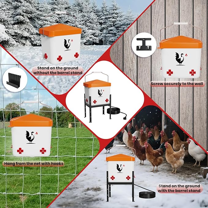 Heated Chicken Waterer, 1.8 Gallons Chickens Poultry Waterer with Nipples, Height Adjustable & Detachable Stand, All-Season Chicken Coop Waterers, Chicken Water Heater (7L, Orange Cover)