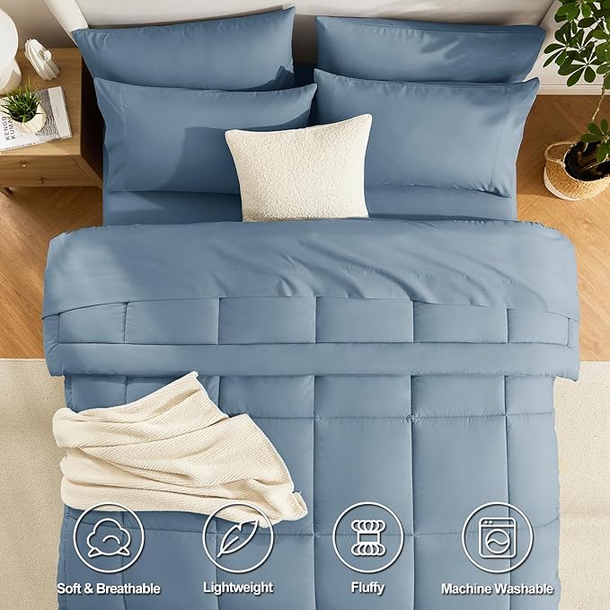 CozyLux Queen Comforter Set Mineral Blue, 7 Pieces Bed in a Bag, Blue Comforter Queen Size, All Season Bedding Sets with Stitch Quilted Comforter, Flat Sheet, Fitted Sheet, Pillowcases