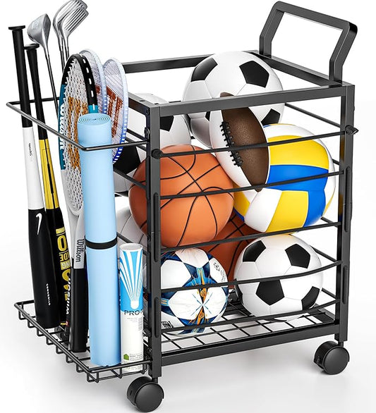 Sports Equipment Garage Organizer,Garage Ball Storage Rack for Sports with Wheels-Upgraded 3 Layers Organizer Rack Outdoor Basketball Racks for Balls with Holder and Hooks (Dark Black)