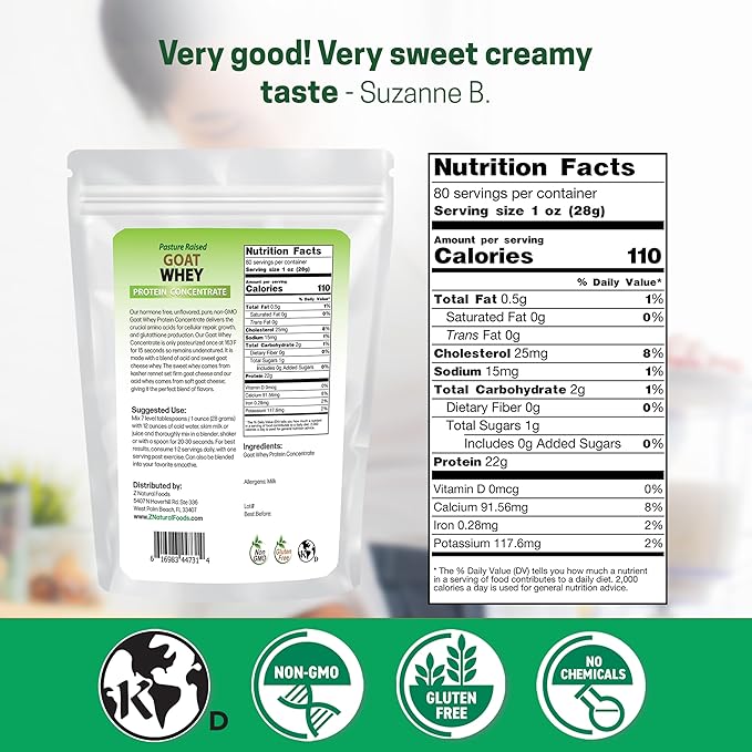 Z Natural Foods Goat Whey Protein Powder Concentrate - Undenatured, Unflavored, Pasture Raised Whey - Clean Goat Protein Powder with Vital Proteins for Weight Management, Immune Support, Fitness, 5 lb