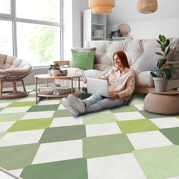 Checkered Washable Area Rugs 5x7 Diamond Non-Slip Modern Soft Large Carpet for Living Room Entryway Bedroom Farmhouse Green