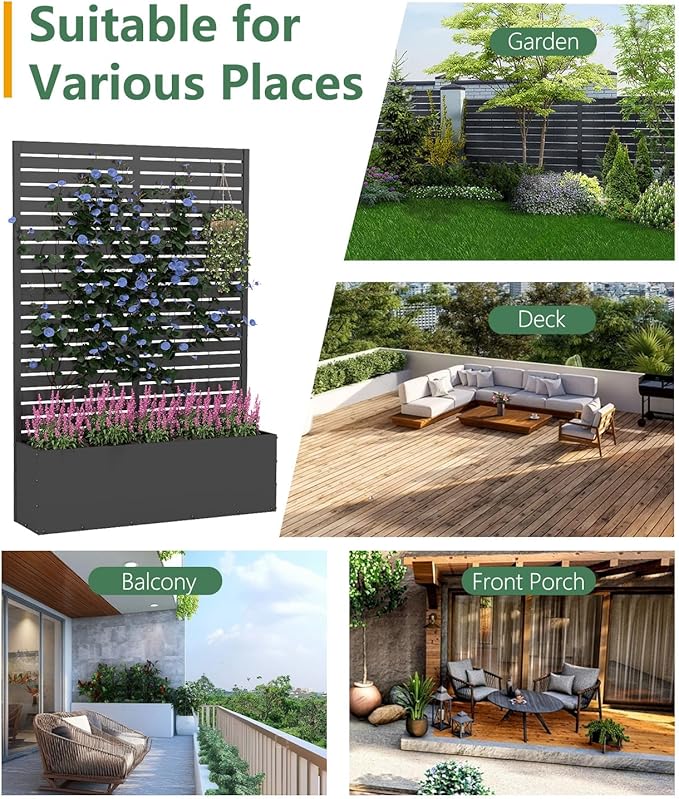 Metal Planter Box with Trellis,70.9"x47.2"x15.7" Raised Garden Bed with Drainage Holes, Privacy Planters for Outdoor Garden Bed for Climbing Plants,Vegetables,and Vines, Black-louvered