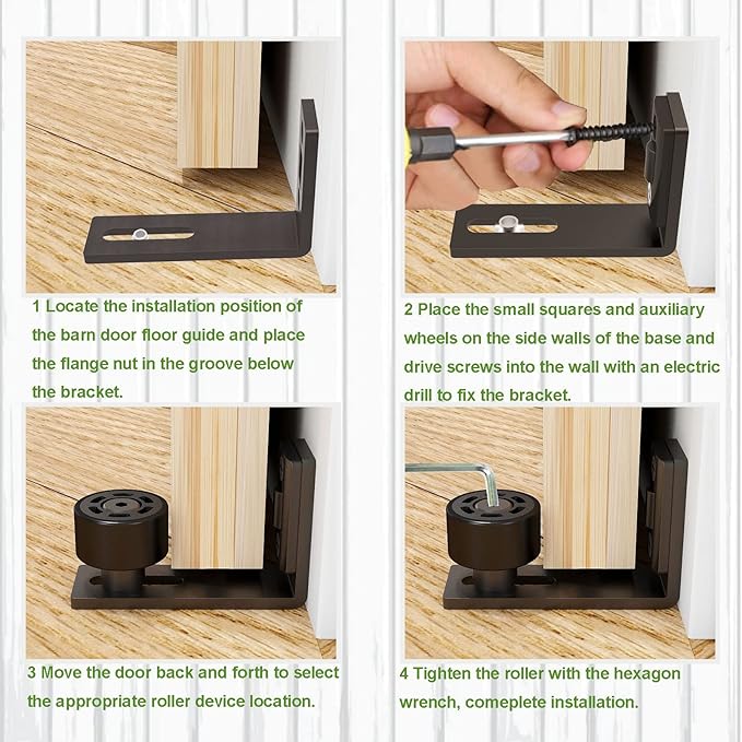 Sliding Barn Door Floor Guide Wall Mount Hardware Adjustable Stay Rollers, Smooth Wheels Flush Bottom Countersunk Holes Black 1 Pack
