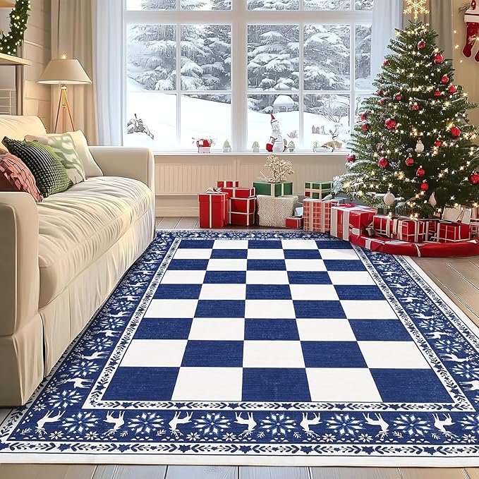 GarveeHome Blue 5x7 Area Rugs for Living Room, Washable Rug for Christmas Decor, Indoor Non Slip Carpet, Checkered Soft Low Pile Christmas Rug for Bedroom, Dining Room