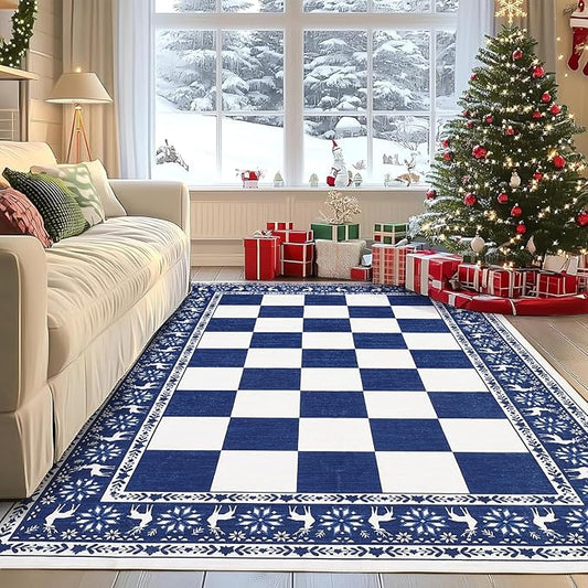 GarveeHome Blue 6x9 Area Rugs for Living Room, Washable Rug for Christmas Decor, Indoor Non Slip Carpet, Checkered Soft Low Pile Christmas Rug for Bedroom, Dining Room