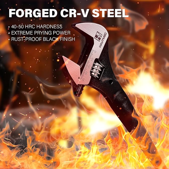 HAUTMEC 12 inch Adjustable Spud Wrench, Wide Jaw Up to 1-11/32"(34mm), Adjustable Spud Wrenches with Tail Pry Bar Features, Black Oxide Finish, Forged CR-V Steel Metric & SAE Scales with Tether Hole