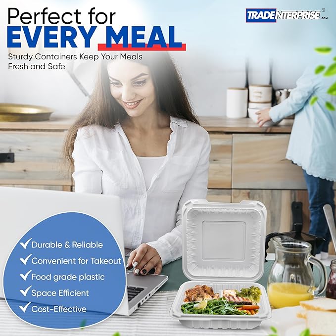 To Go Food Containers, Reusable 150 Pack 8 Inch 3 Compartment White Clamshell Take Out Food Boxes MFPP Meal Prep Container BPA Free Microwave Freezer Safe Plastic Hinged 34 OZ