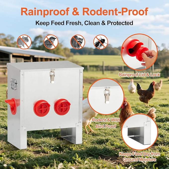 Automatic Chicken Feeder 25lbs, Galvanized Metal Chicken Food Dispenser, Rainproof & Rodent Proof No Waste Poultry Feeder for Backyard Coop, Farm, Ducks & Hens (4 Ports)