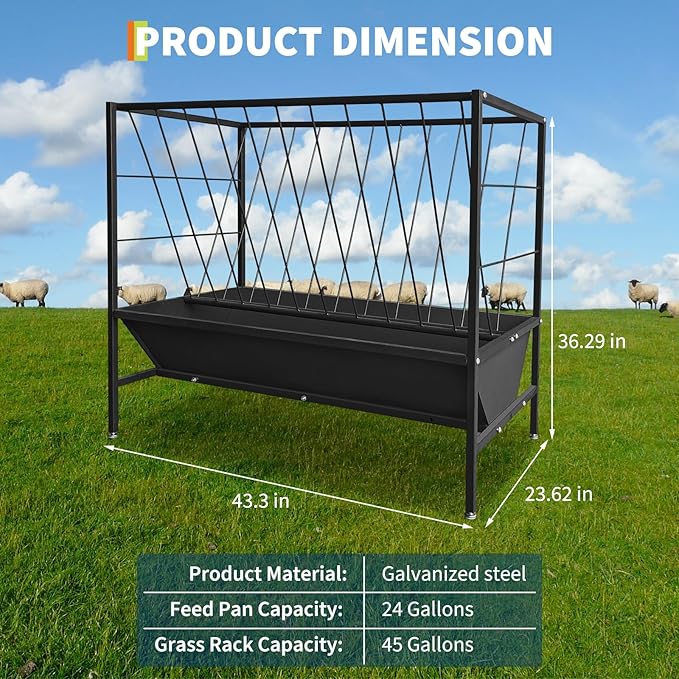 Garvee Pasture Hay Feeder 45 Gallon, Heavy-Duty Steel Hay Grain Livestock Feeder with 24 Gallon Feed Pan, Livestock Feeding Trough for Sheep, Goats, Calves, Cow, Horse, Black