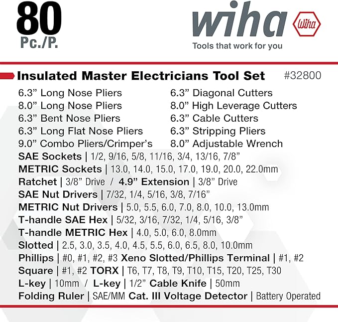 Wiha 32800 Insulated Tool Set with Screwdrivers, Nut Drivers, Pliers, Cutters, Ruler, Knife and Sockets in Rolling Tool Case, 10,000 Volt Tested and 1000 Volt Rated, 80-Piece Set