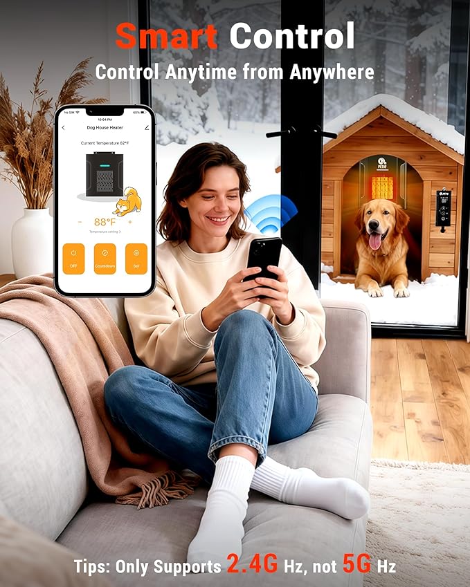Dog House Heater – 45℉ to 113℉ Thermostat Controlled Pet House Heater with Wifi Remote App Control 300W Fast Heating Energy Saving Eco Mode Safe for Outside Dog House Winter Chicken Coop