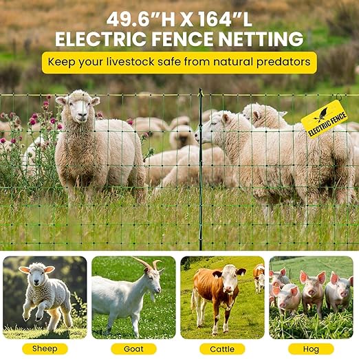 Electric Fence Netting, 49.6" H x 164'L Electric Anti-Predator Poultry Fence, PE Net Fencing Kit with 14 Posts Double Spiked, Movable Livestock Nets for Sheep, Hogs, Cattle and Other Poultry