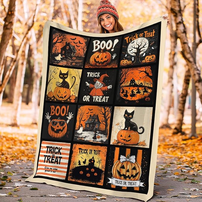 Halloween Blanket, Pumpkin Black Cat Fleece Flannel Throw Blanket, Trick or Treat Soft Lightweight Stuff Throws Gifts for Women Men Boys Girls Lovers Adults Lovers Sofa Decor 60"x50"