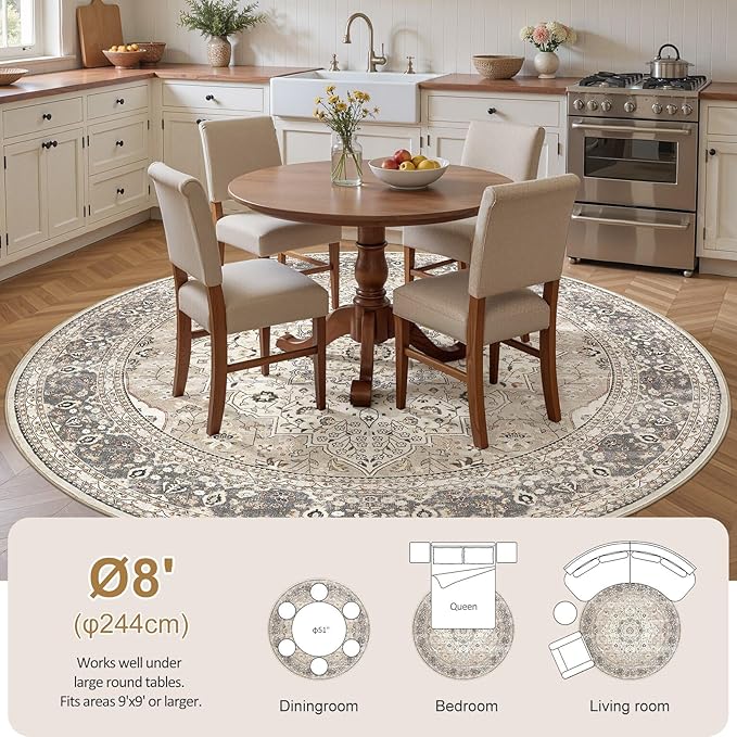 Washable 8 Ft Round Area Rug - Vintage Floral Stain & Fade Resistant Non-Slip Backing Carpet for Living Room, Bedroom, Dining Room, Home Office Floor Decor Large Carpets (Camel/Beige)