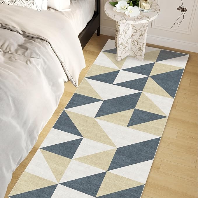 Blue and Gold Washable Geometric Runner for Hallway Bedroom 2x6 Modern Abstract Non Slip Rug Low Pile Indoor Floor