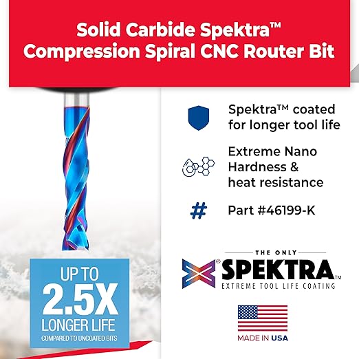 Amana Tool Spektra Extreme Tool Life Coated Solid Carbide CNC Compression Spiral Router Bit, 46199-K, 1/2 D x 2 CH x 1/2 Shank x 4 Inch Long