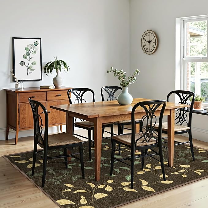 GENIMO Machine Washable 8x10 Area Rugs for Living Room, Non Slip Vintage Rugs, Low Pile Lightweight Chenille Print Rug for Bedroom, Dining Room, Home Office, Dark Leaf Print