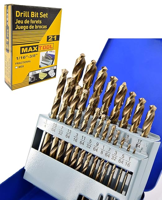 MaxTool Twist Drill Bit Set 21PCs 5% Cobalt HSS M35 Jobber Length Fully Ground for Hardened Steel Metal Cast Iron etc 1/16“ to 3/8”; JBS35G10R021S