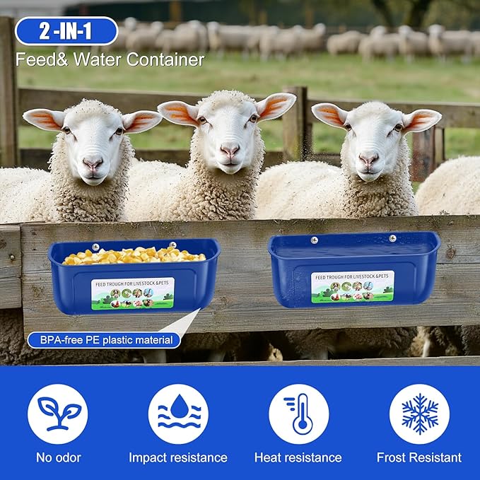 Chicken Feeder Waterer, 6 Pack Duck Feeder Supplies, Hanging Fence Feed Trough with Clips for Goat, Sheeple, Piglet, Gooses, Turkeys, Dog Livestock Poultry, Blue