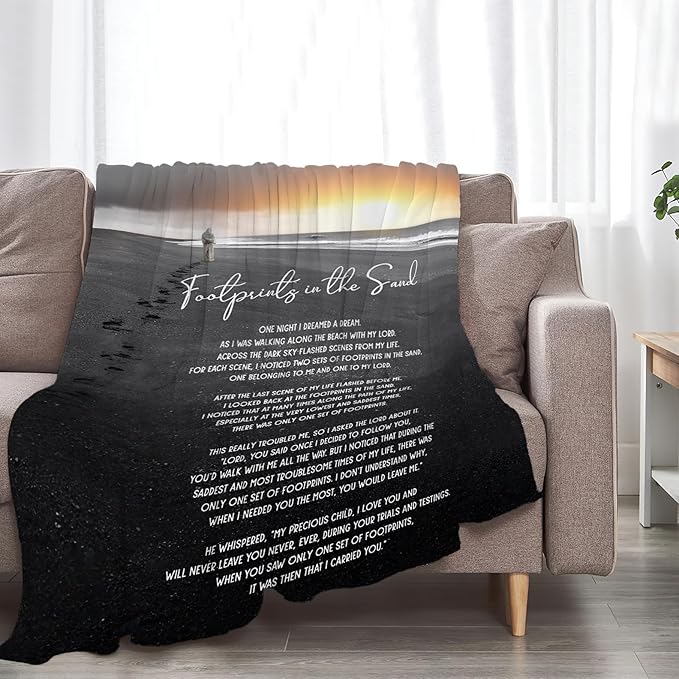Footprints in The Sand Blanket Christian Gifts Bible Verse Scripture Throw Blanket Comfy Plush Flannel Fleece Warm Soft Fluffy Fuzzy Blanket for Prayer Adults Women Men for Bed Sofa Couch 50"X60"