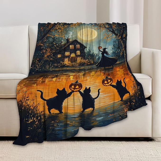 Halloween Cat Blanket, Pumpkin Black Cat Fleece Flannel Throw Blanket, Witch Soft Lightweight Stuff Throws Gifts for Women Men Boys Girls Lovers Adults Lovers Sofa Decor 80"x60"