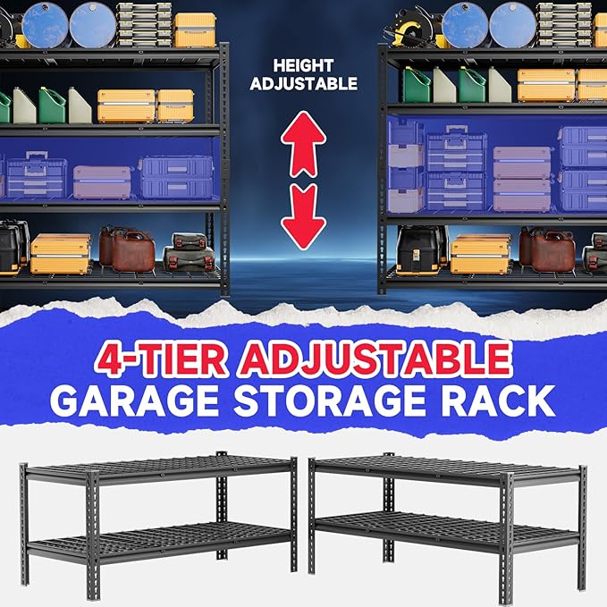 4-Tier 60" W X 24" D X 60" H Garage Shelves 2500LBS Heavy Duty Shelving Adjustable Basement Storage Garage Shelf Metal Storage Rack Units Industrial Shelving