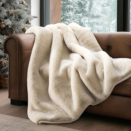 EVERGRACEHOME Luxury Soft Faux Chinchilla Fur Throw Blanket for Couch, Warm Thick Heavy Winter Throw Blanket 1220GSM for Bed, Fluffy Cozy Mink Blanket with Reversible Velvet, Birch Mink, 60"x80"