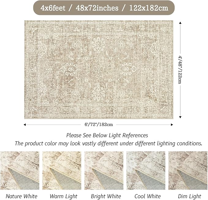 Madane Washable Area Rug 4x6, Low Pile Stain Resistant Vintage Area Rugs, Non Slip Accent Rug Floral Print Indoor Mat for Living Room Kitchen Bedroom, Brown/Sand