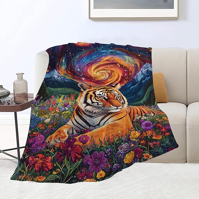 Tiger Blanket Starry Night Floral Animal Throw Blankets Gifts for Girls Boys Kids Tiger Lover Soft Cozy Fleece Plush for Couch Sofa Bed 80"x60"