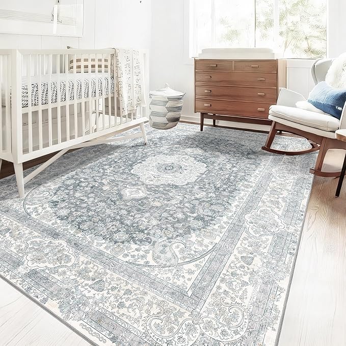 5x7 Area Rugs Washable,Grey Rug for Living Room Bedroom Kitchen,Large Boho Vintage Bohemian Distressed Carpet Non Slip,Floral
