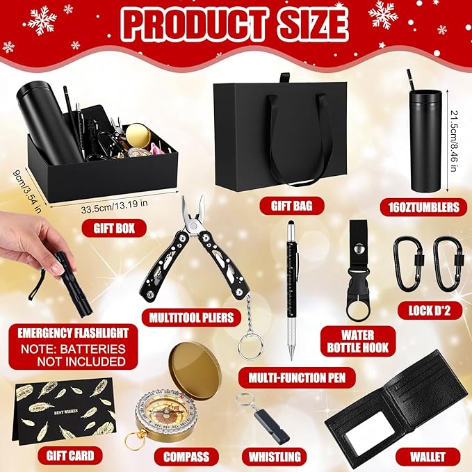 12 Pack Christmas Birthday Gift Basket for Men Survival Kit Tumbler Compass Multitool Pliers Flashlight Pen Whistle Wallet Camping and Survival Tools Xmas Gift Box for Dad Boyfriend Husband