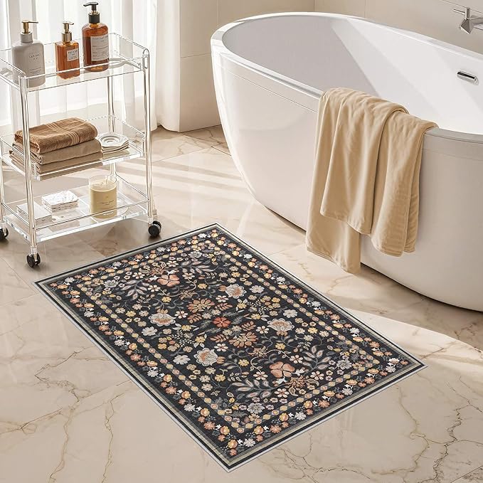 Door Mat Entrance Rug: 2x3 Washable Area Rug Boho Floral Small Rug - Non-Slip Low Pile Throw Indoor Carpet for Entryway Kitchen Front Door Bathroom Entry Kids Room - Black Grey