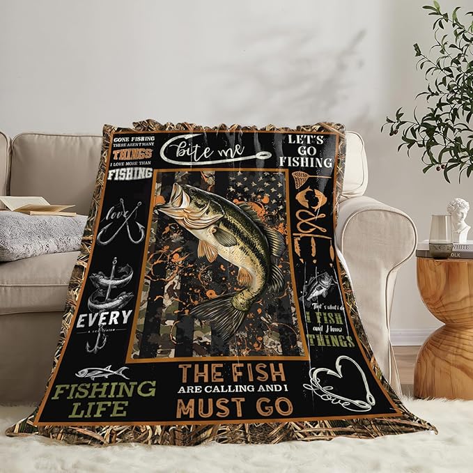 Dynova Fishing Blanket Cozy Plush Fish Throw Blankets Fuzzy Flannel Fleece Camo Fisherman Gifts Decor for Boys Men 60"X50"