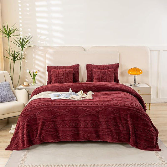 YUSOKI Sherpa Queen Size Blanket(Without Pillows)-3D Stylish Design Super Soft Blankets for Teen Girls Women Couch Bed Sofa Chair Men Boys Gift(Burgundy Red,90"x90")