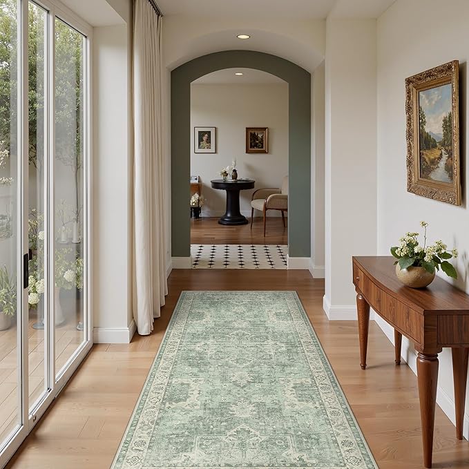GENIMO 2x5 Runner Rugs for Hallway, Machine Washable Non Slip Vintage Rugs, Low Pile Lightweight Soft Print Rug for enrtyway, Corridor, Home Office, Kitchen, Light Green