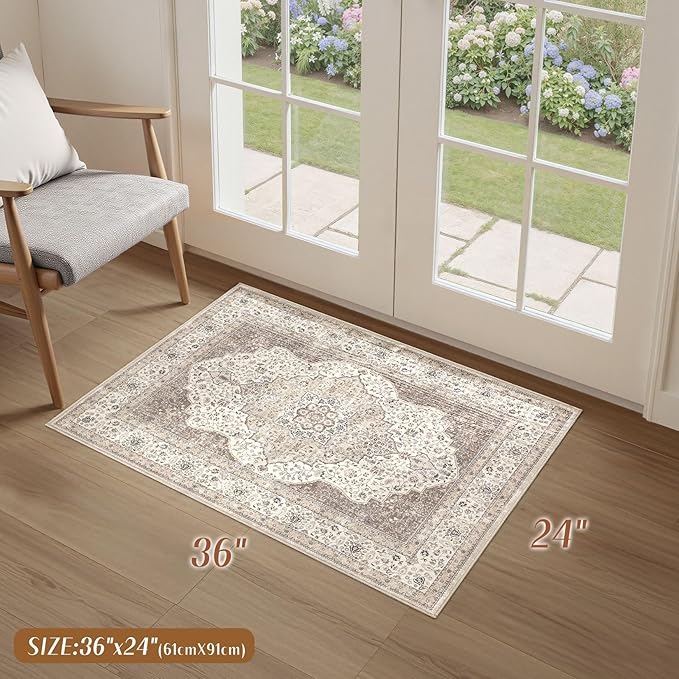 2x3 Washable Entryway Rug: Non-Slip Soft Indoor Throw Small Vintage Floral Area Rug for Kitchen Bedroom, Low Pile Durable Carpet for Front Door Porch Floor Doormat Home Decor (Brown/Beige)