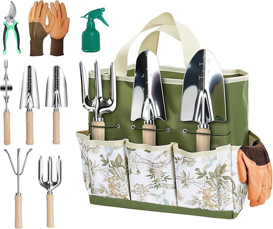 9-Piece Garden Tool Set, Heavy Duty Gardening Hand Tools with Wood Handle, Including Garden Tote, Gloves, Durable Stainless Steel Garden Tools, Gardening Gifts for Women, Mom, Men